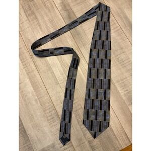 Quails Mens Silk Necktie Blue Black Gold Geometric Abstract Block Stripe Pattern